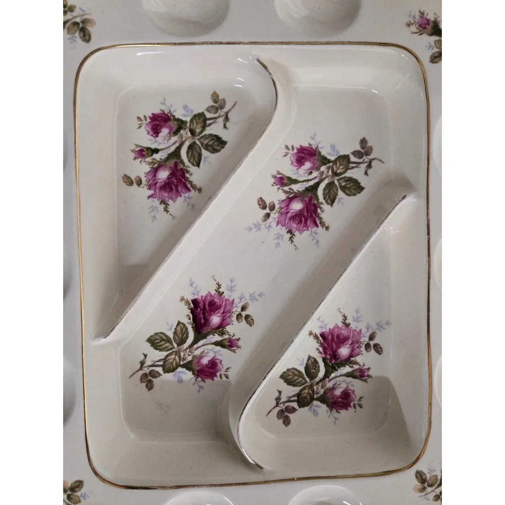 Vintage Deviled Egg Platter 12 Egg Rose Floral Divided Relish Serving Tray